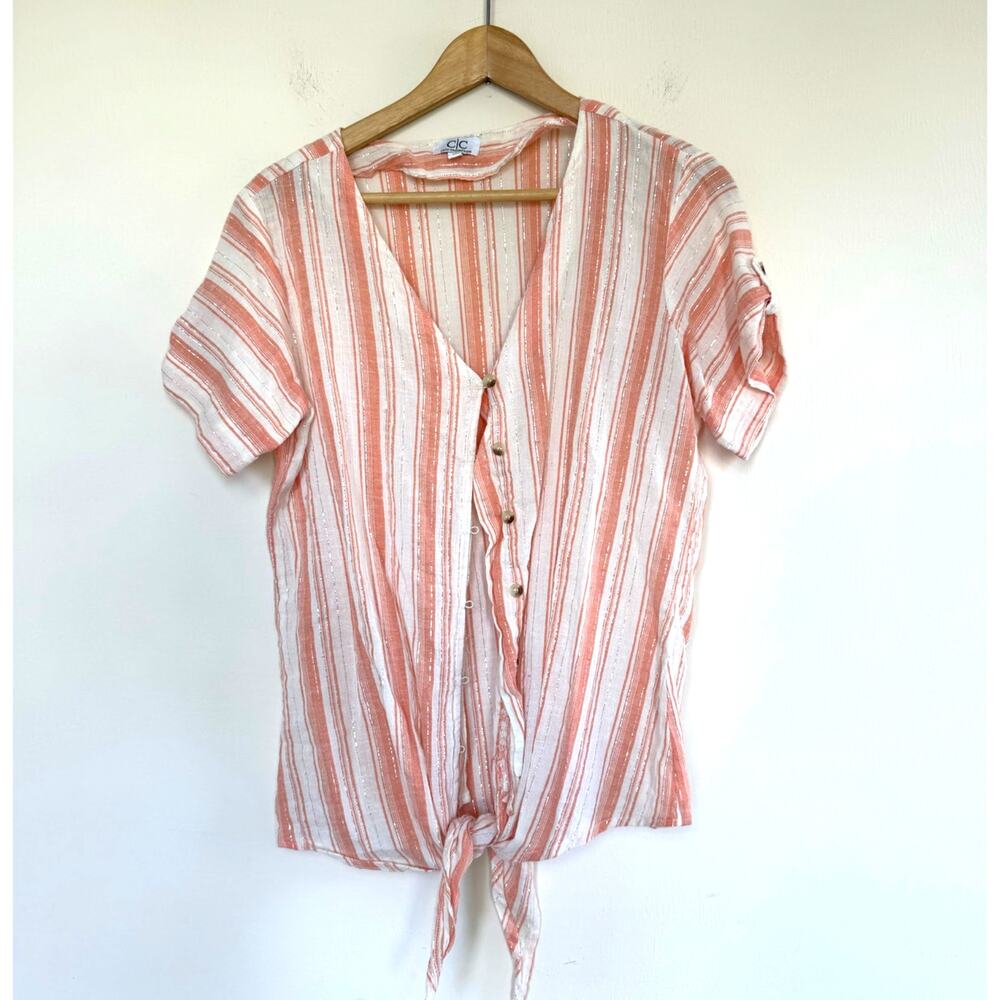 C|C CHIC CONNECTION orange white metallic 100% cotton striped tie blouse top